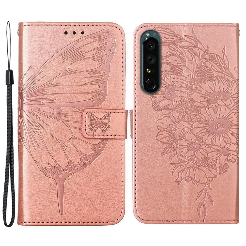 Sony Xperia 1 IV Leather Cover Imprinted Butterflies Pink