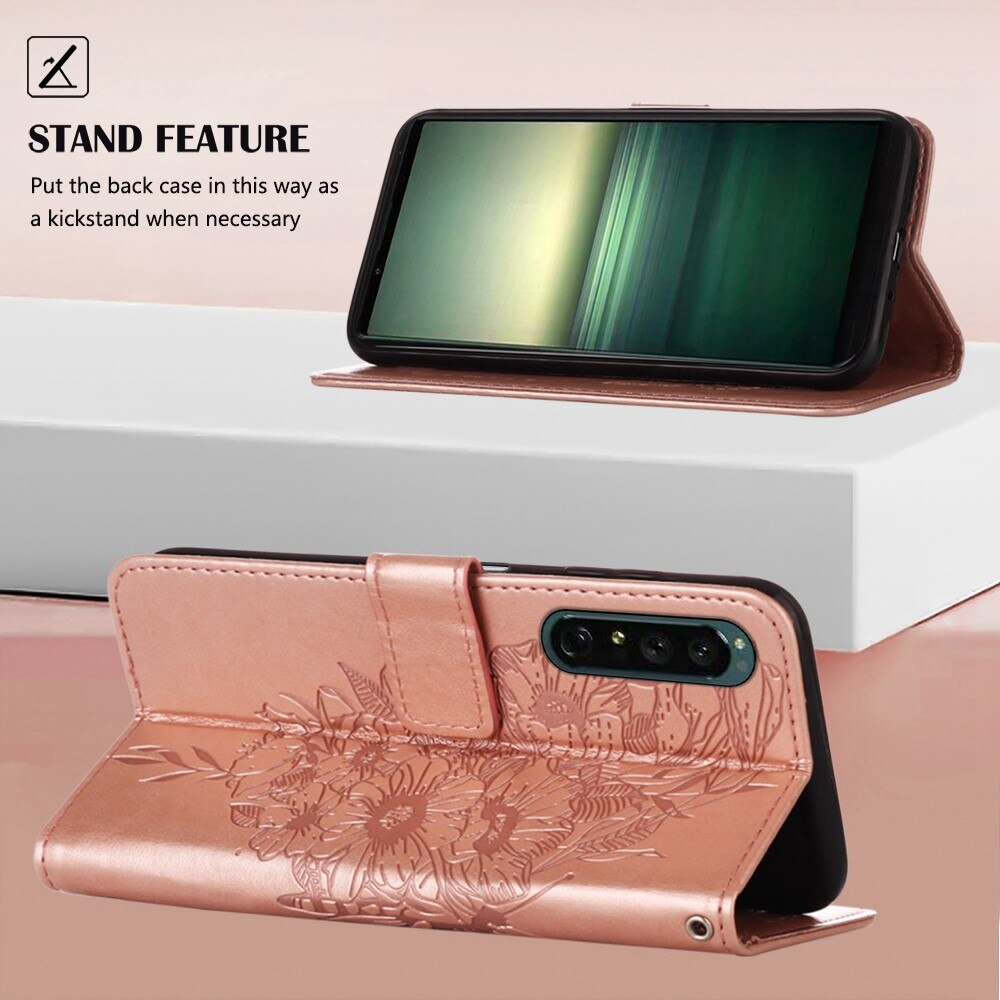 Sony Xperia 1 IV Leather Cover Imprinted Butterflies Rose Gold