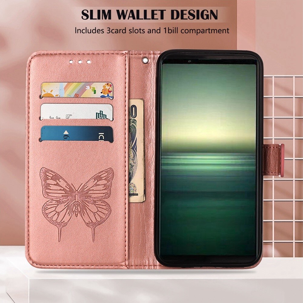 Sony Xperia 1 IV Leather Cover Imprinted Butterflies Rose Gold