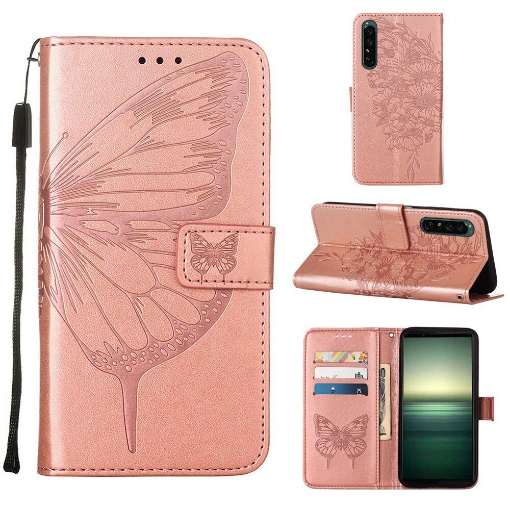 Sony Xperia 1 IV Leather Cover Imprinted Butterflies Rose Gold