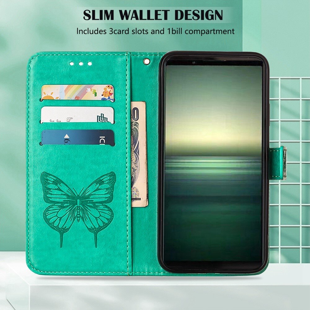 Sony Xperia 1 IV Leather Cover Imprinted Butterflies Green