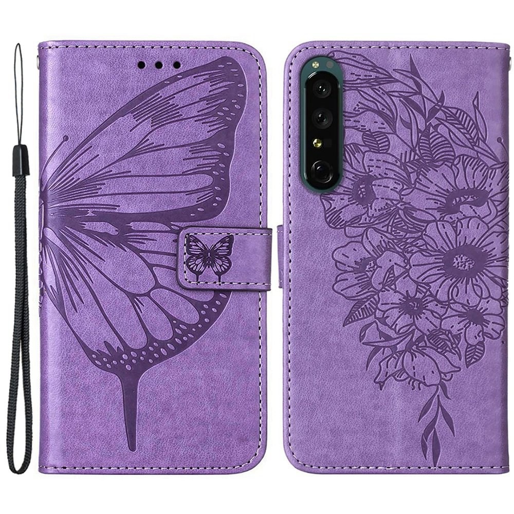 Sony Xperia 1 IV Leather Cover Imprinted Butterflies Purple