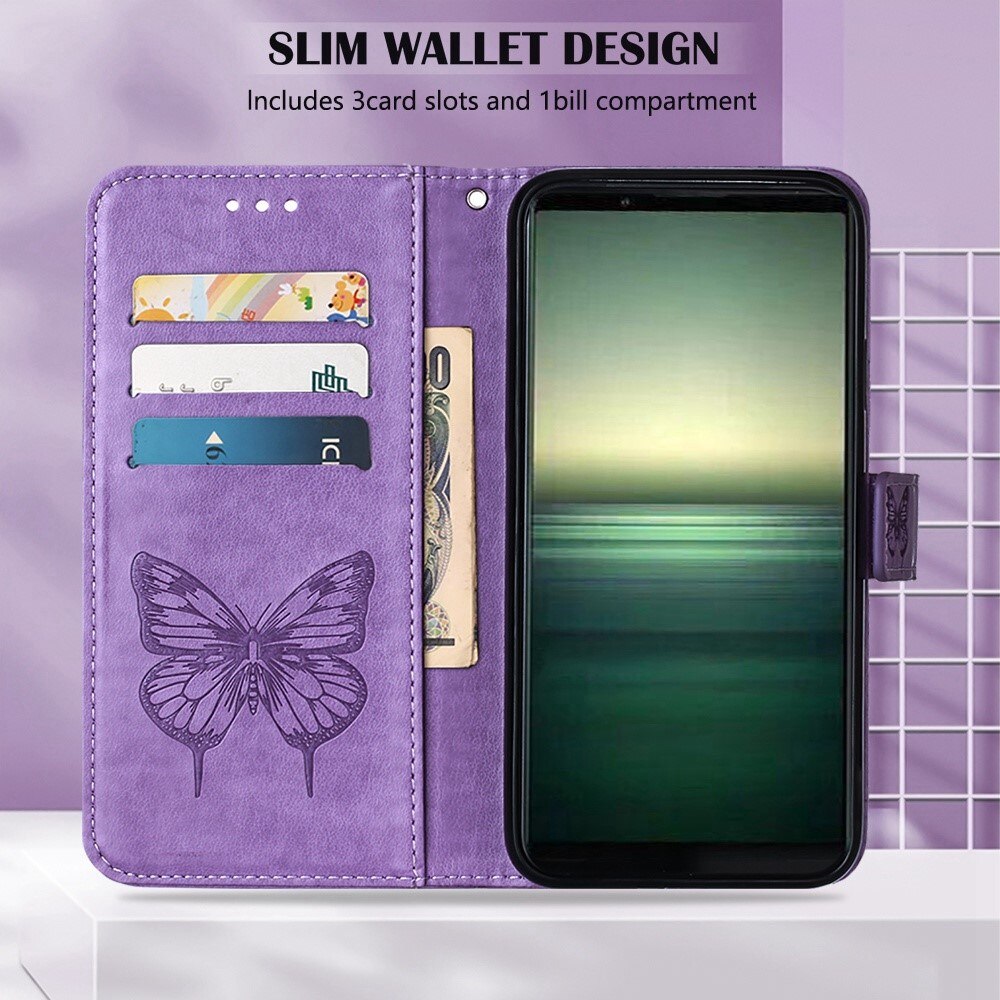 Sony Xperia 1 IV Leather Cover Imprinted Butterflies Purple