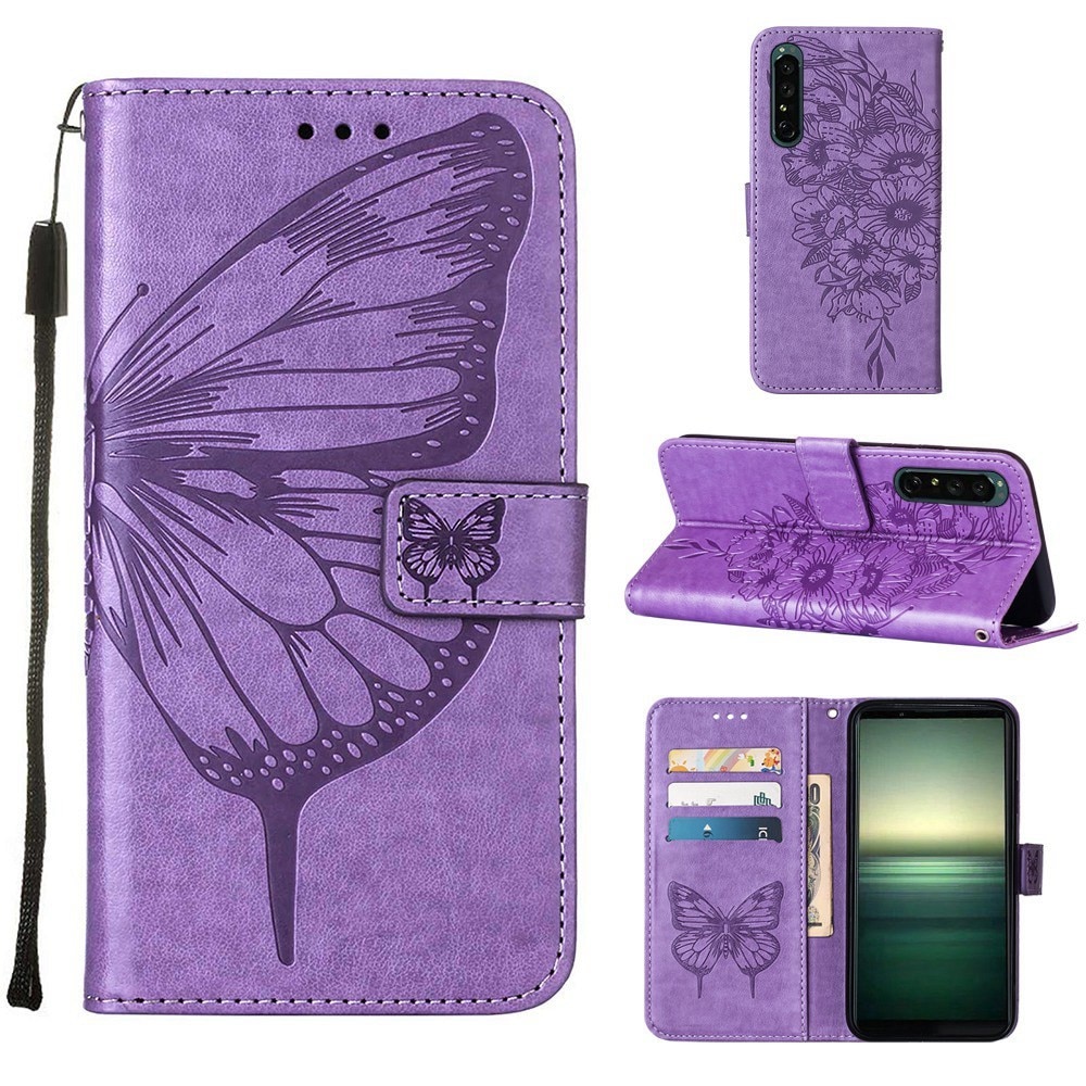 Sony Xperia 1 IV Leather Cover Imprinted Butterflies Purple