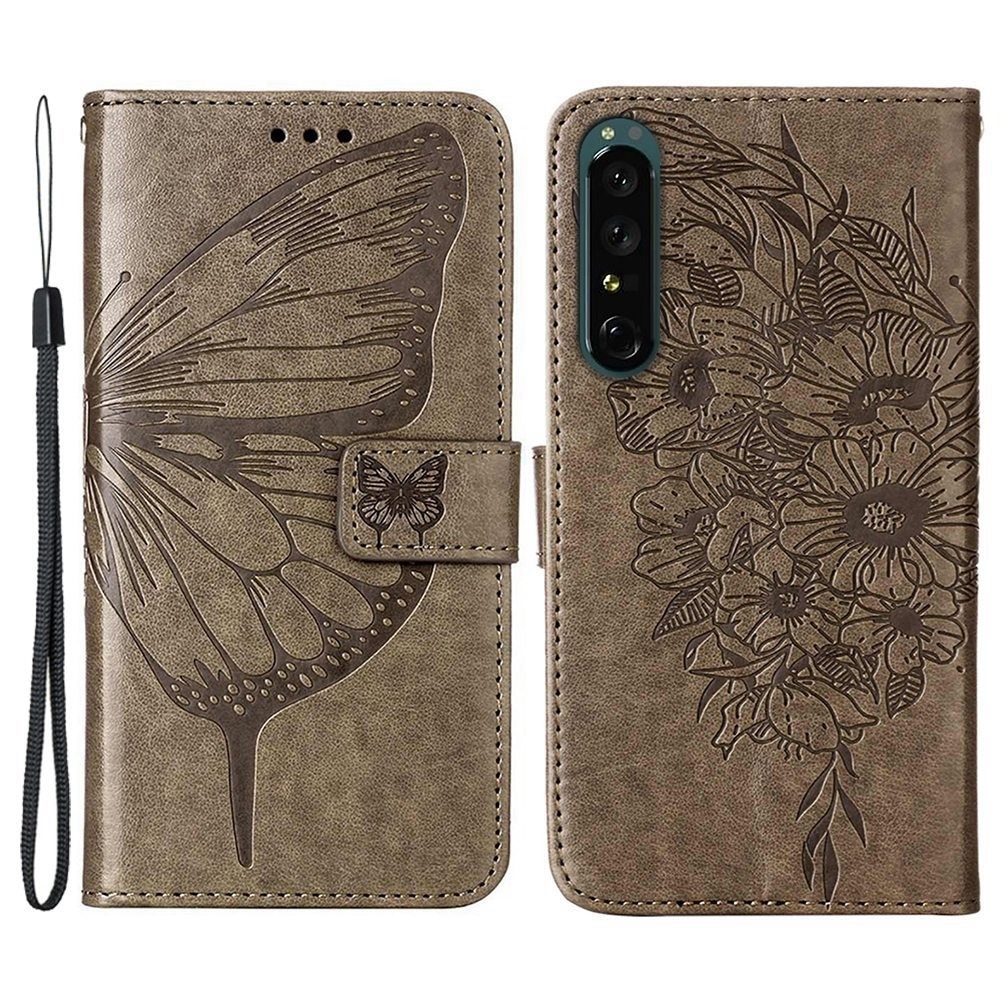 Sony Xperia 1 IV Leather Cover Imprinted Butterflies Grey