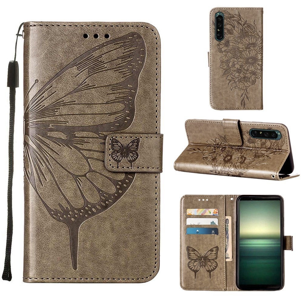 Sony Xperia 1 IV Leather Cover Imprinted Butterflies Grey