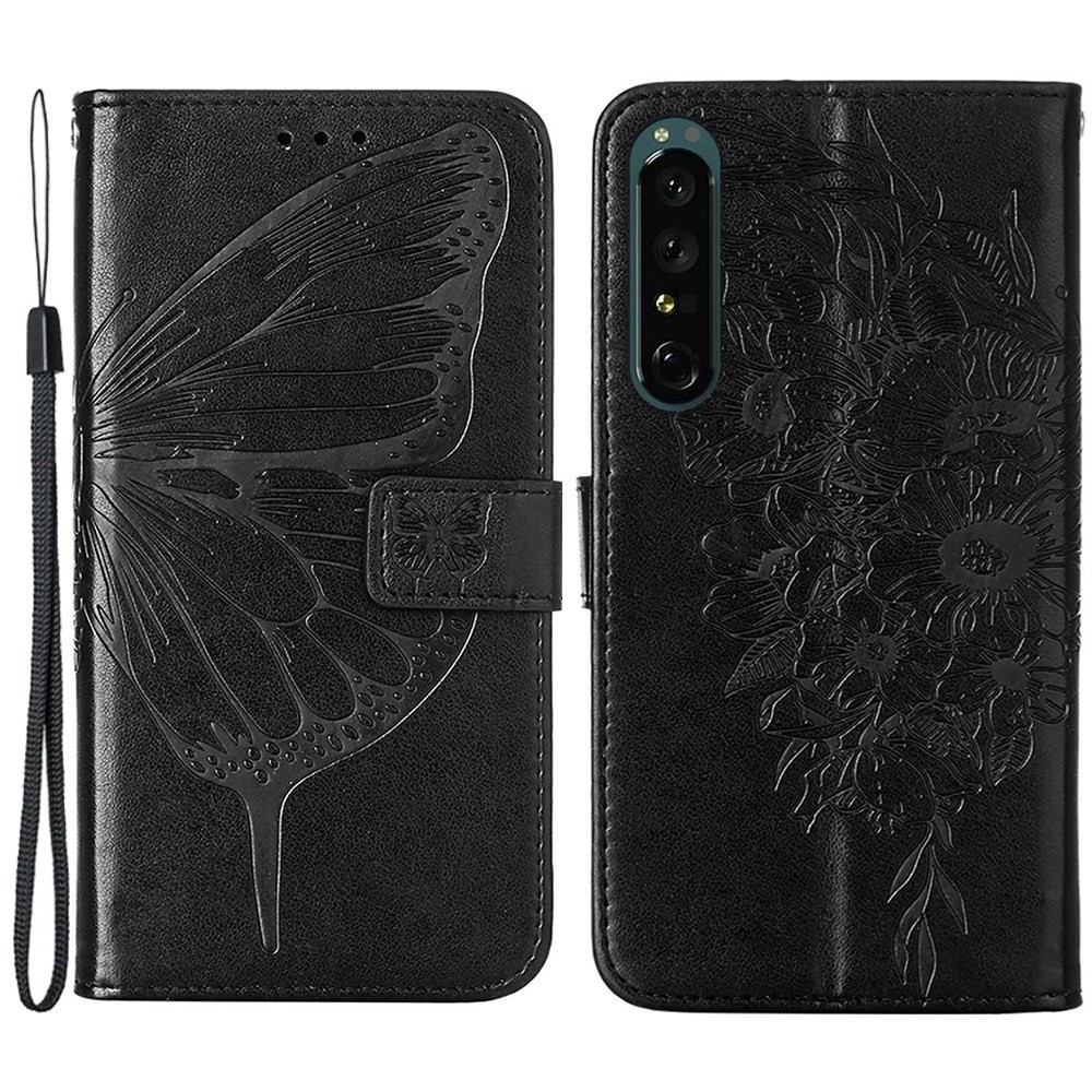 Sony Xperia 1 IV Leather Cover Imprinted Butterflies Black