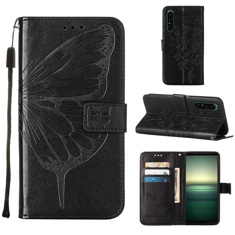 Sony Xperia 1 IV Leather Cover Imprinted Butterflies Black
