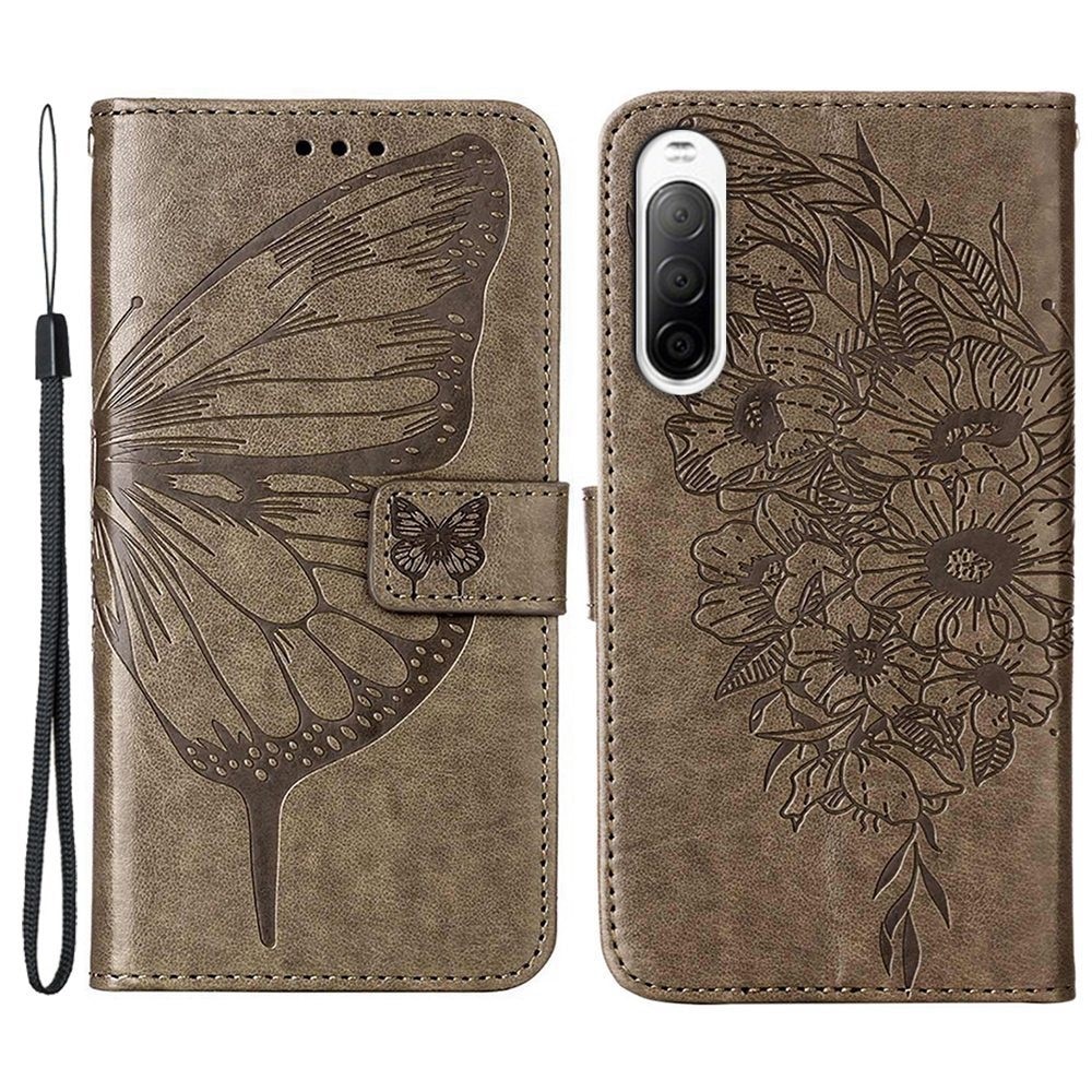 Sony Xperia 10 IV Leather Cover Imprinted Butterflies Grey