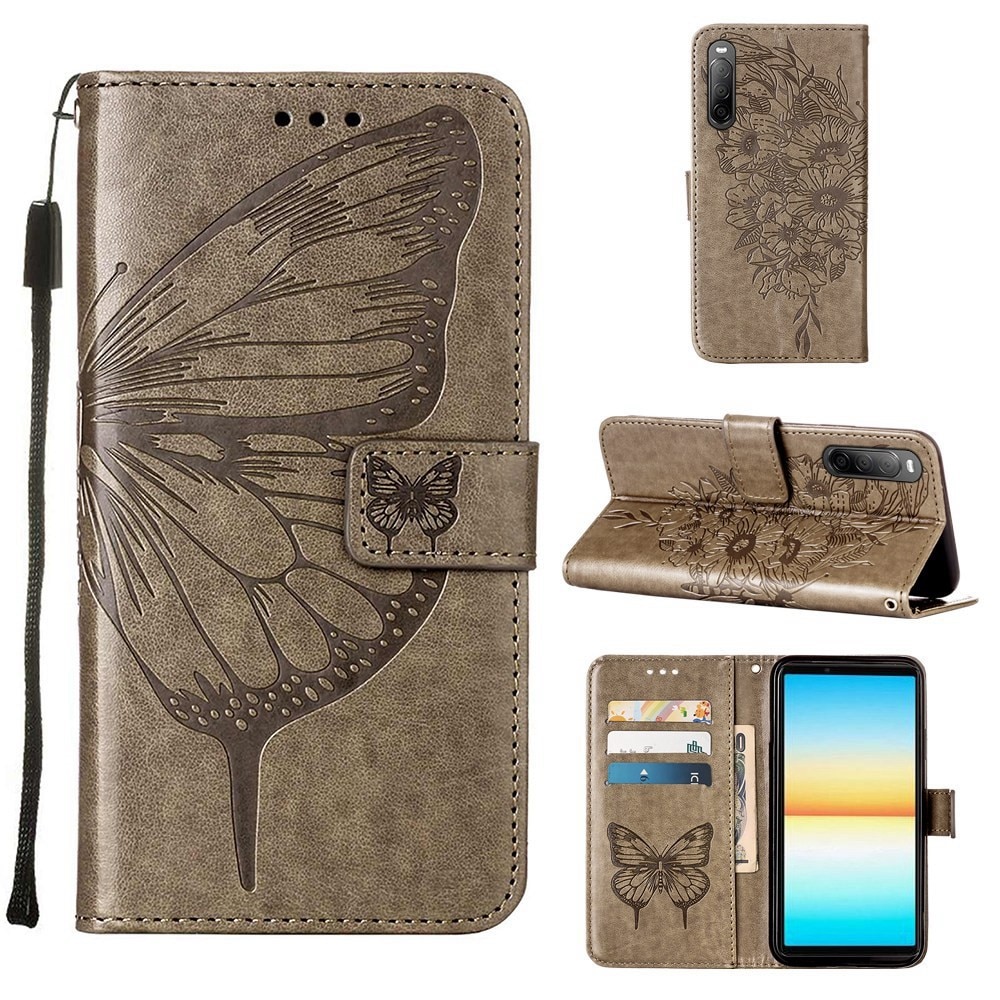 Sony Xperia 10 IV Leather Cover Imprinted Butterflies Grey