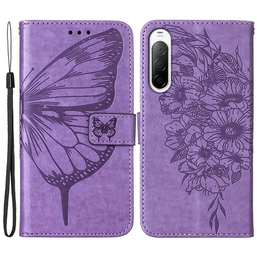 Sony Xperia 10 IV Leather Cover Imprinted Butterflies Purple