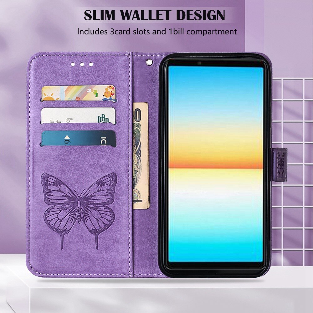 Sony Xperia 10 IV Leather Cover Imprinted Butterflies Purple