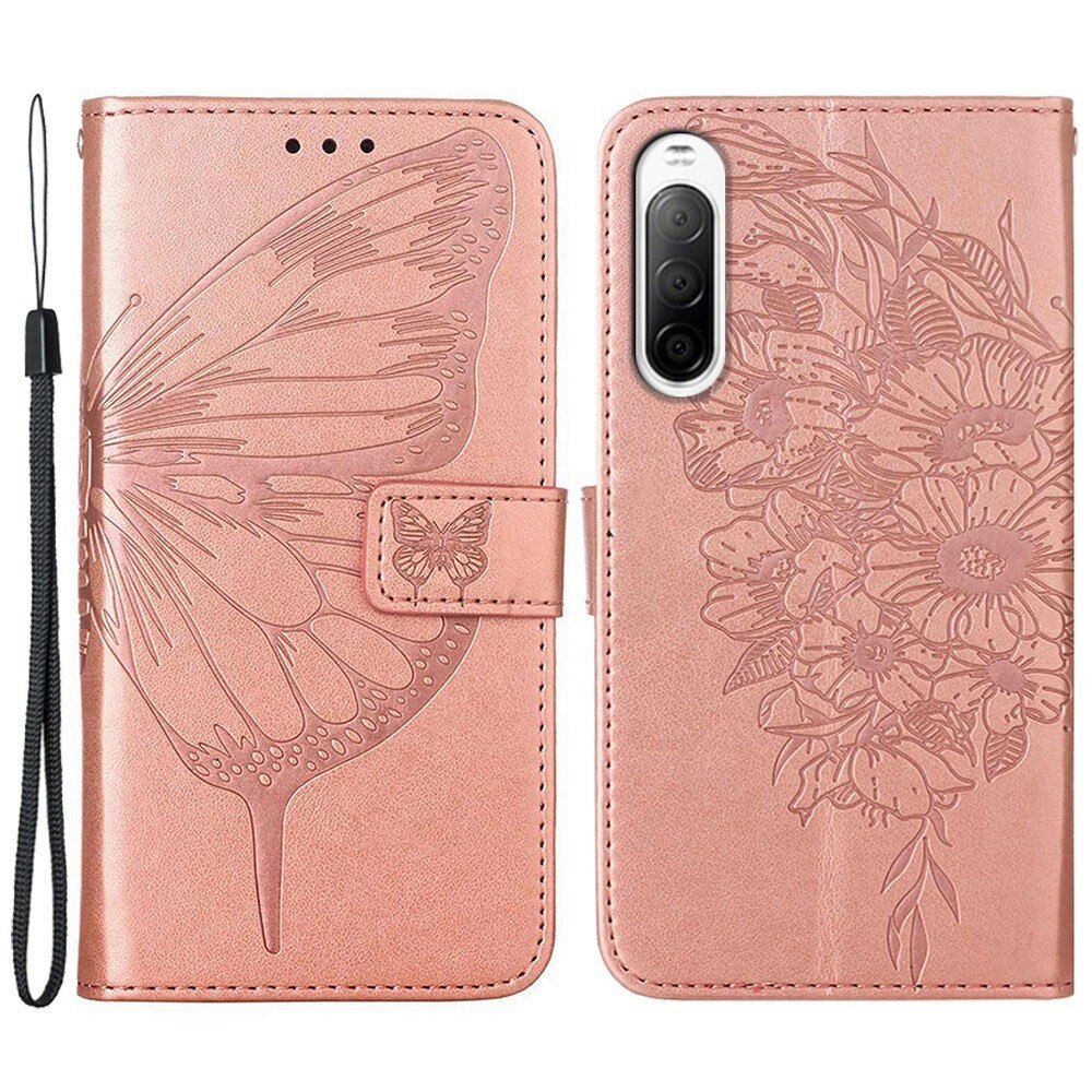 Sony Xperia 10 IV Leather Cover Imprinted Butterflies Rose Gold
