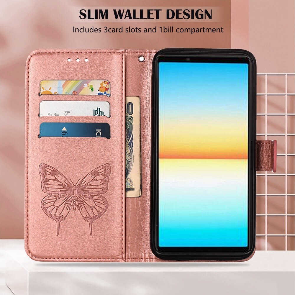 Sony Xperia 10 IV Leather Cover Imprinted Butterflies Rose Gold