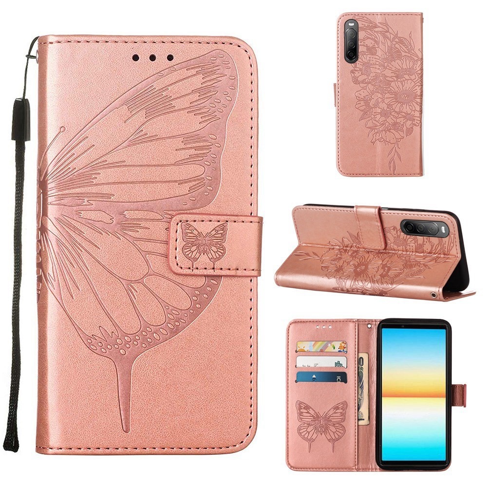 Sony Xperia 10 IV Leather Cover Imprinted Butterflies Rose Gold