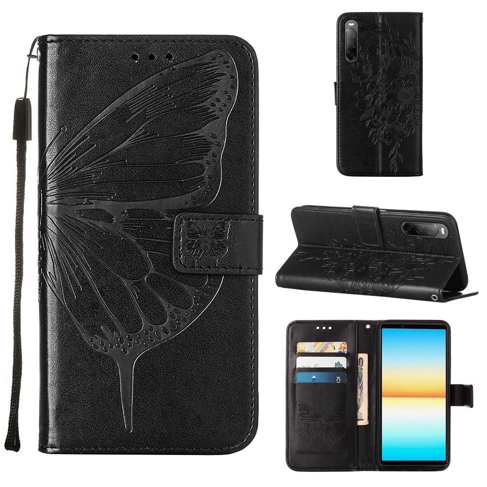 Sony Xperia 10 IV Leather Cover Imprinted Butterflies Black