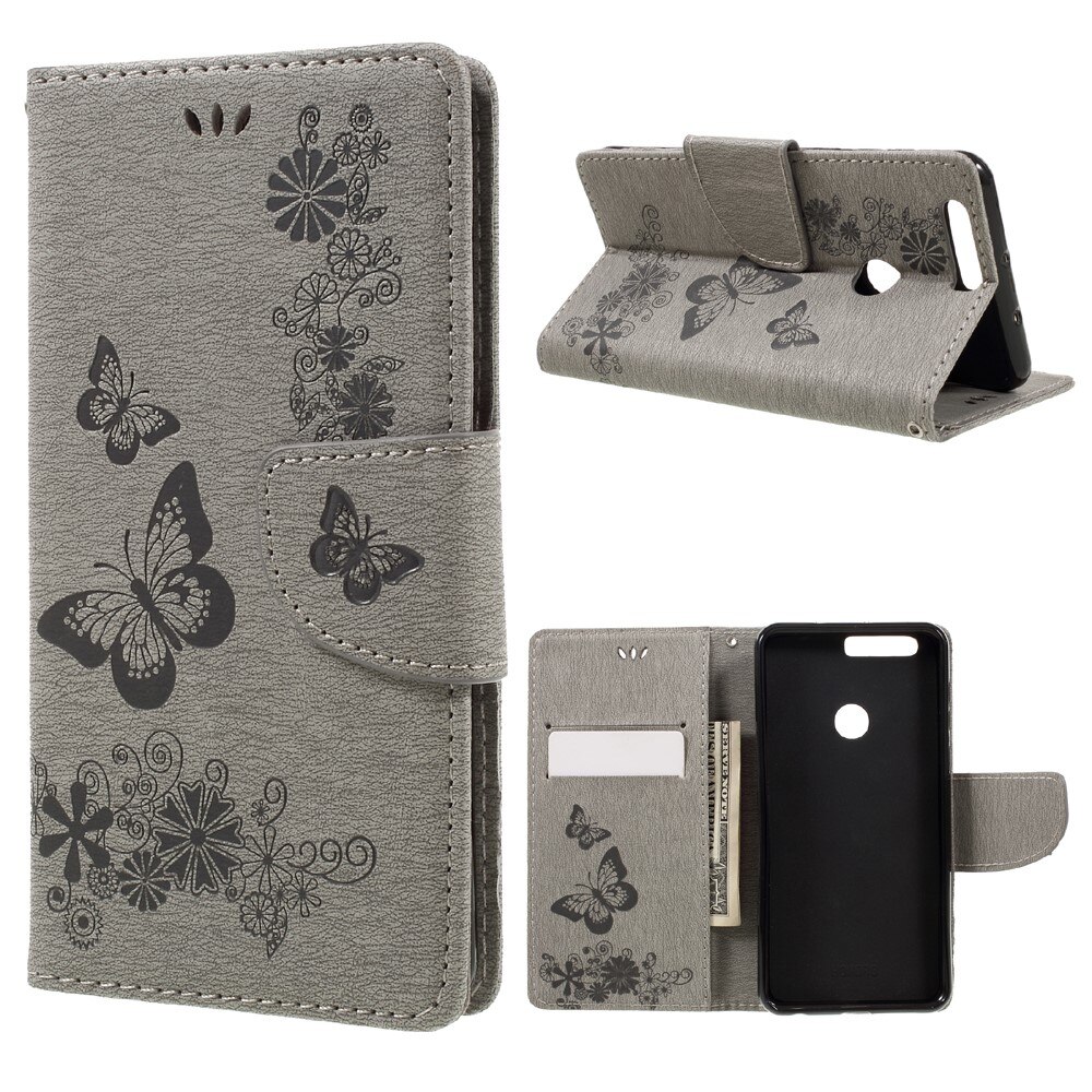 Huawei Honor 8 Leather Cover Imprinted Butterflies Grey