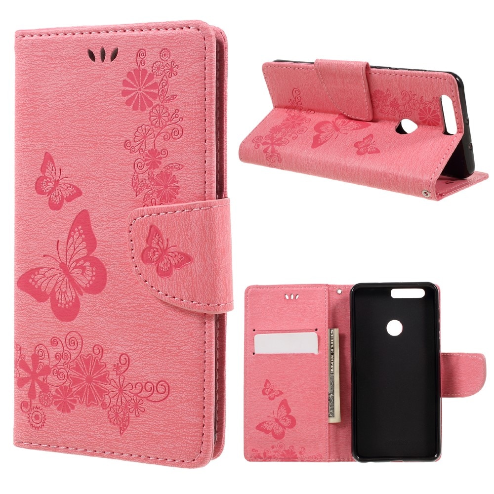 Huawei Honor 8 Leather Cover Imprinted Butterflies Pink