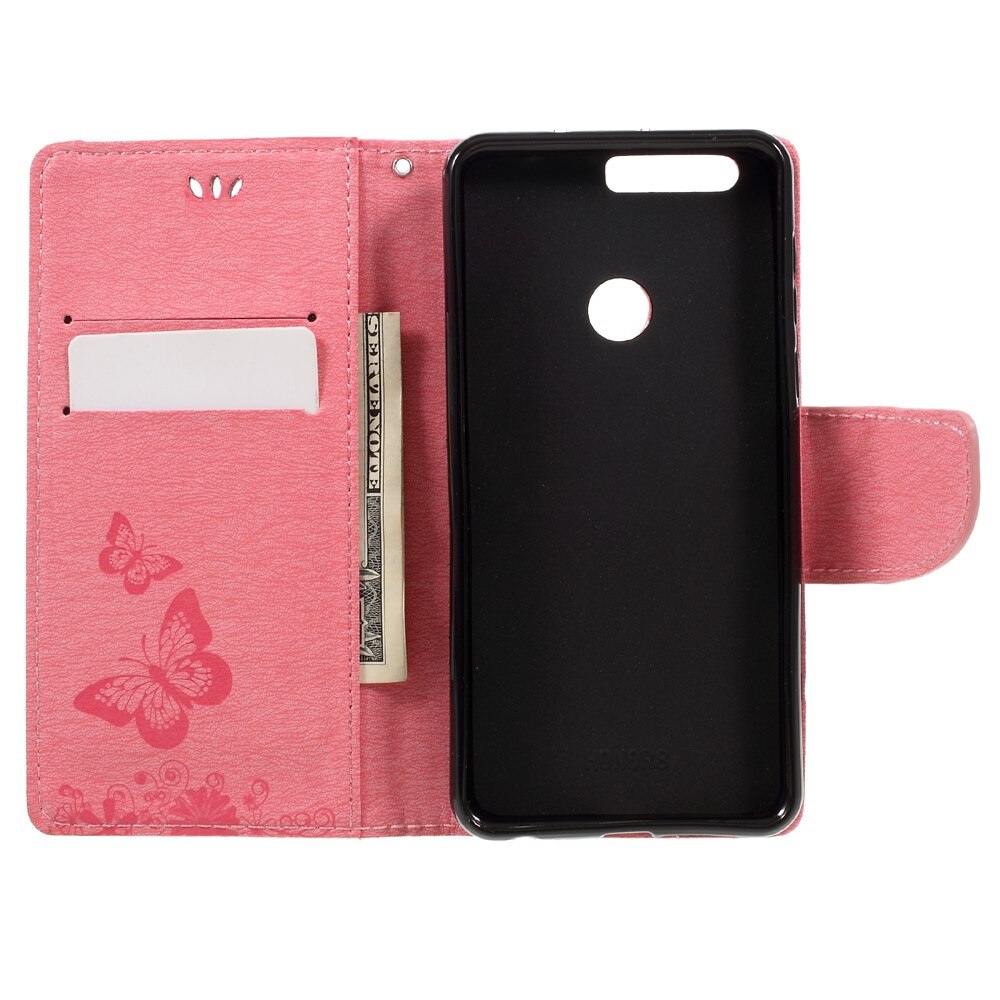 Huawei Honor 8 Leather Cover Imprinted Butterflies Pink