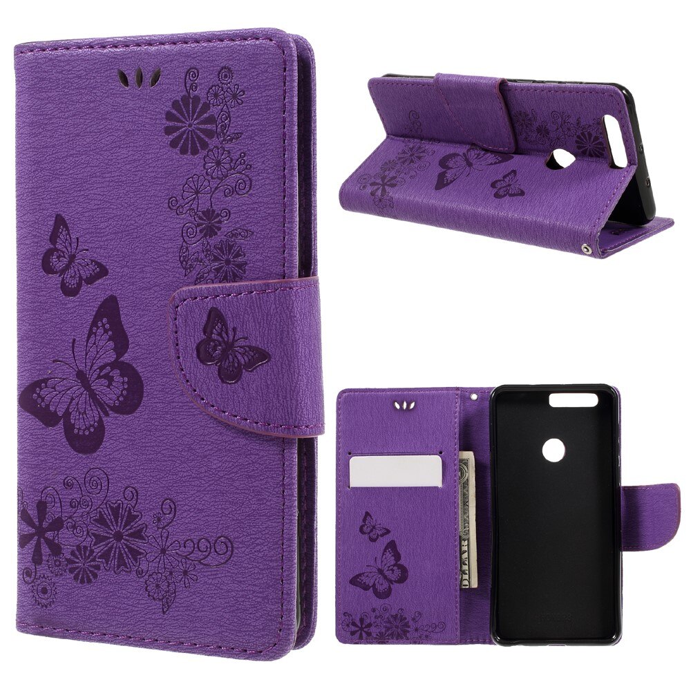 Huawei Honor 8 Leather Cover Imprinted Butterflies Purple