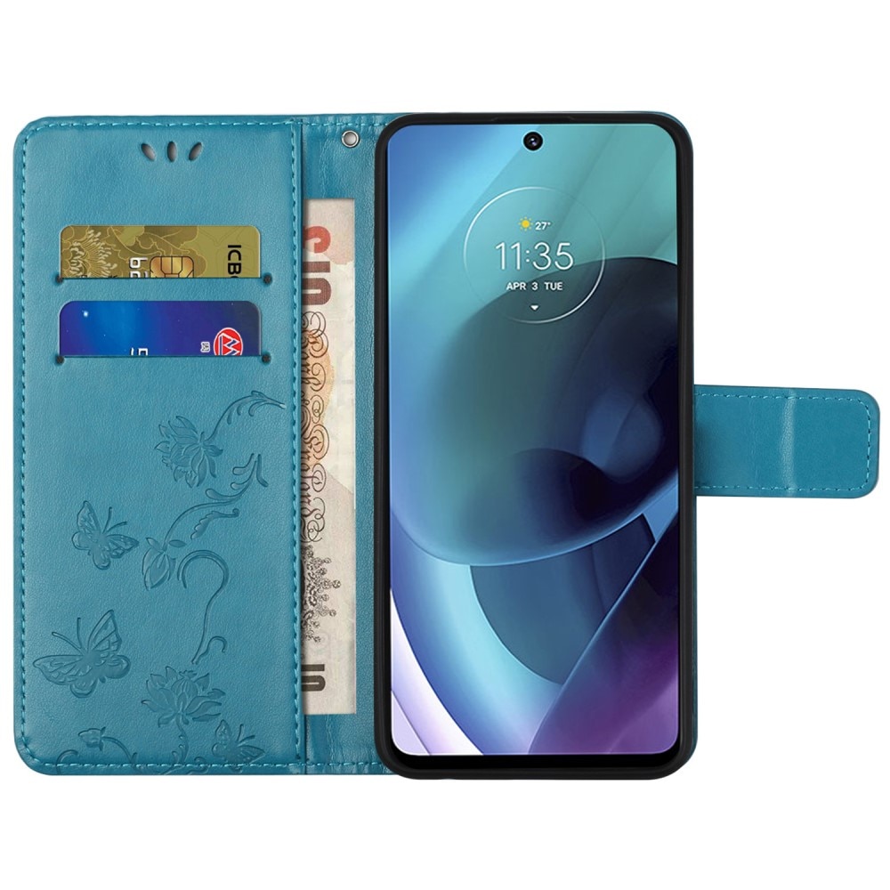 Motorola Moto G51 Leather Cover Imprinted Butterflies Blue