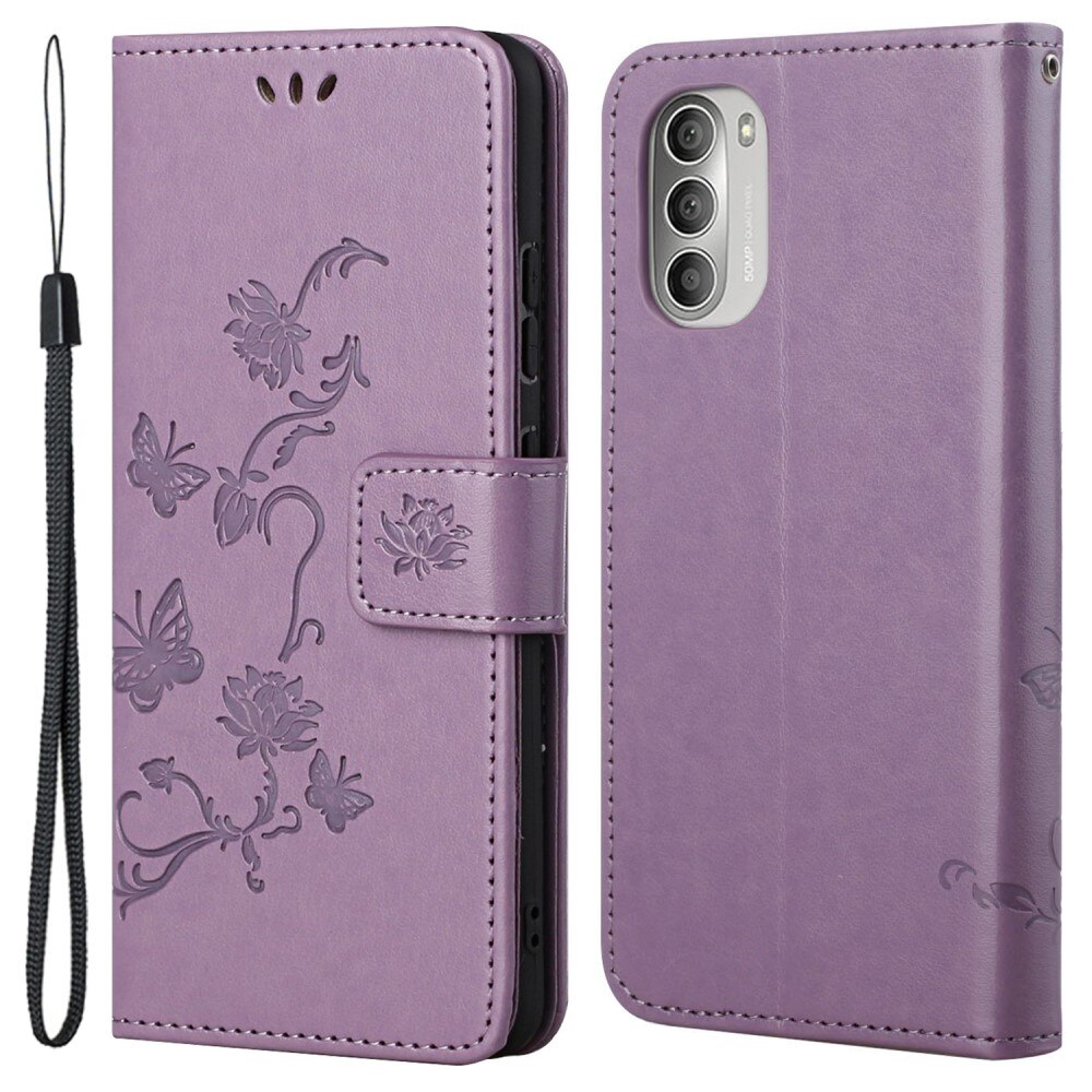 Motorola Moto G51 Leather Cover Imprinted Butterflies Purple