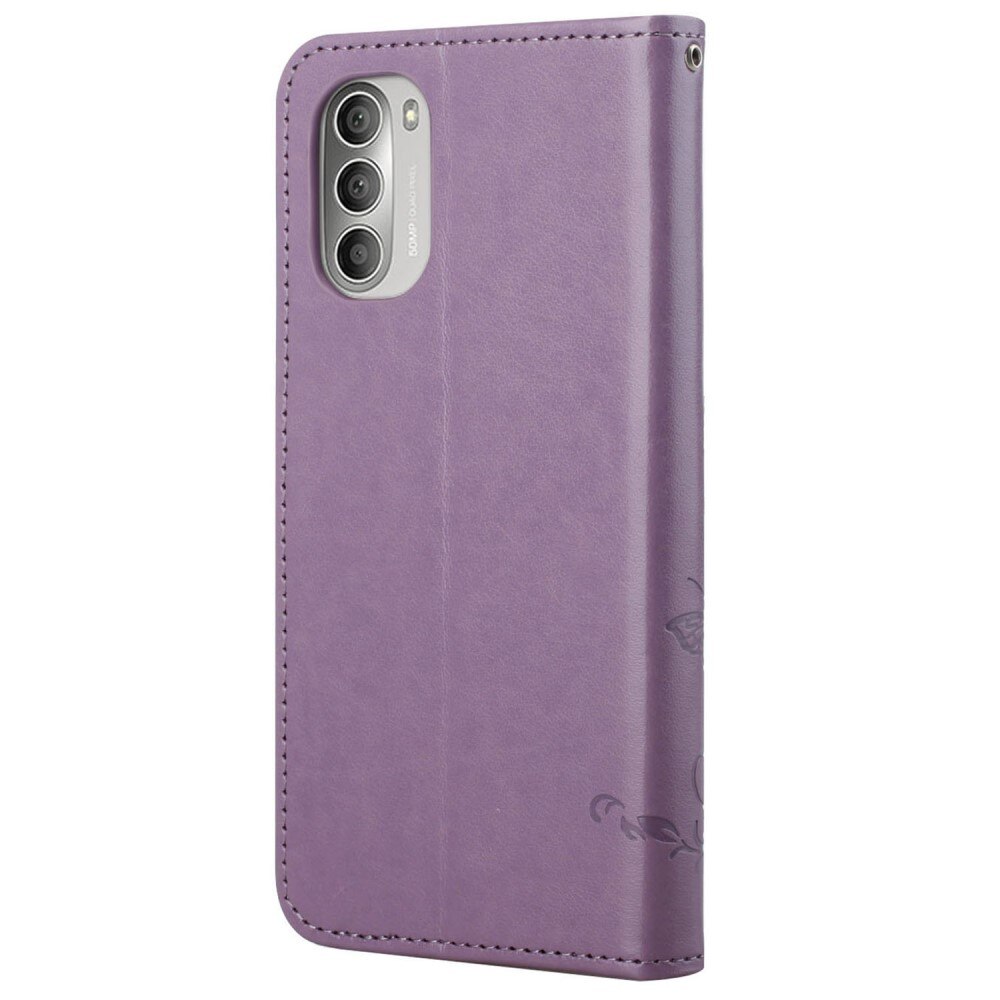 Motorola Moto G51 Leather Cover Imprinted Butterflies Purple