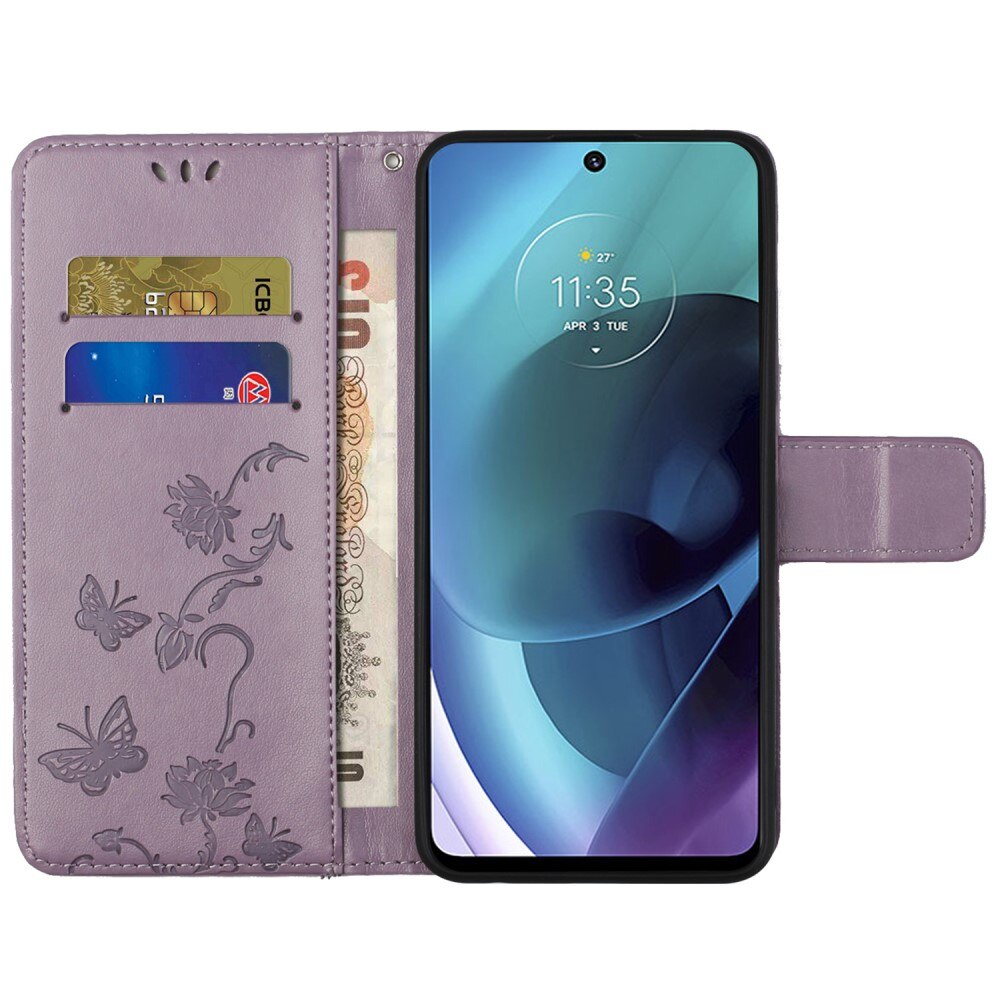 Motorola Moto G51 Leather Cover Imprinted Butterflies Purple