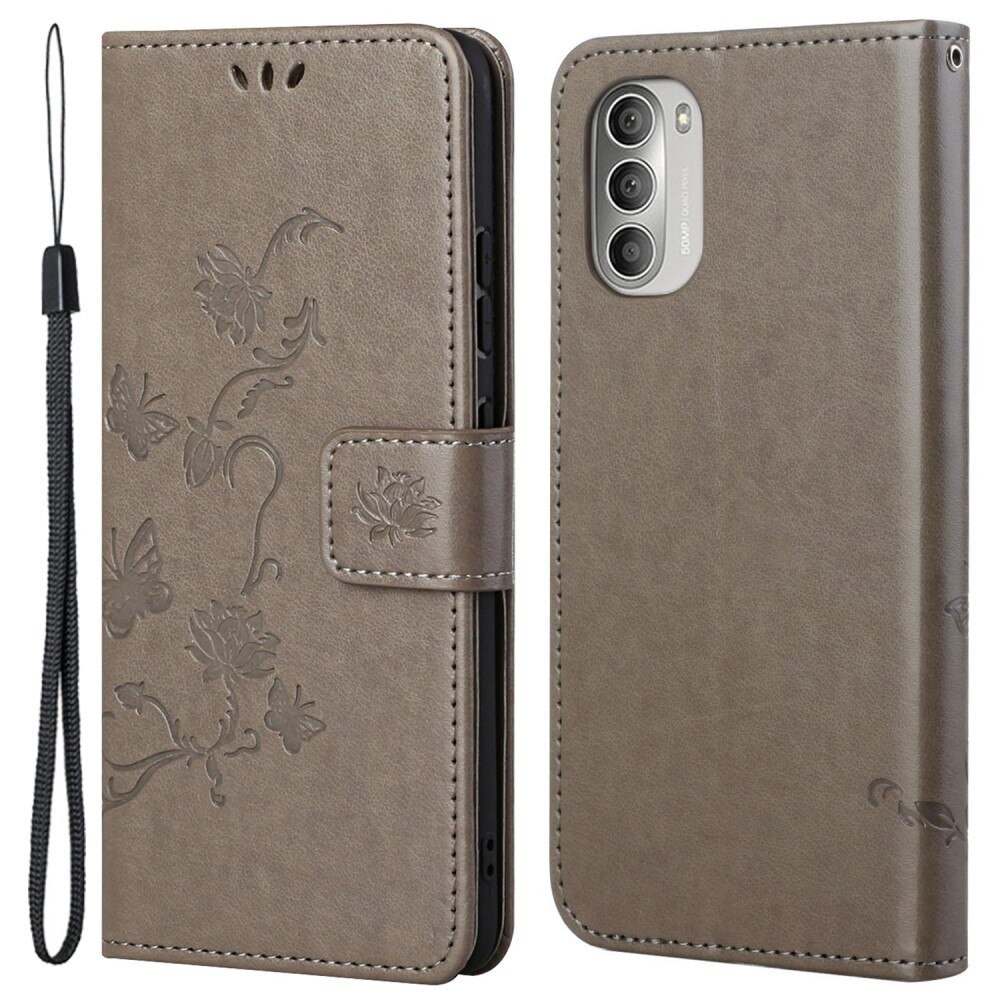 Motorola Moto G51 Leather Cover Imprinted Butterflies Grey