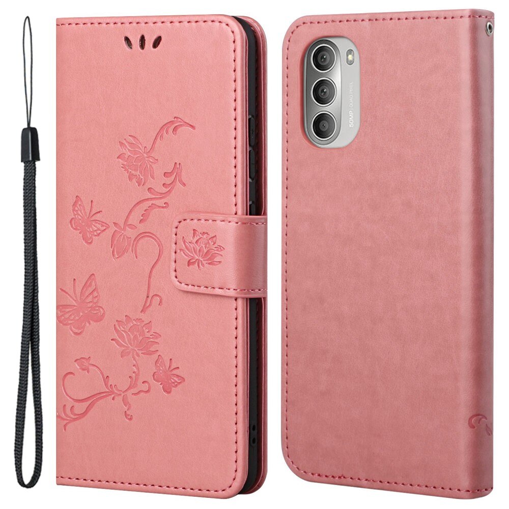 Motorola Moto G51 Leather Cover Imprinted Butterflies Pink