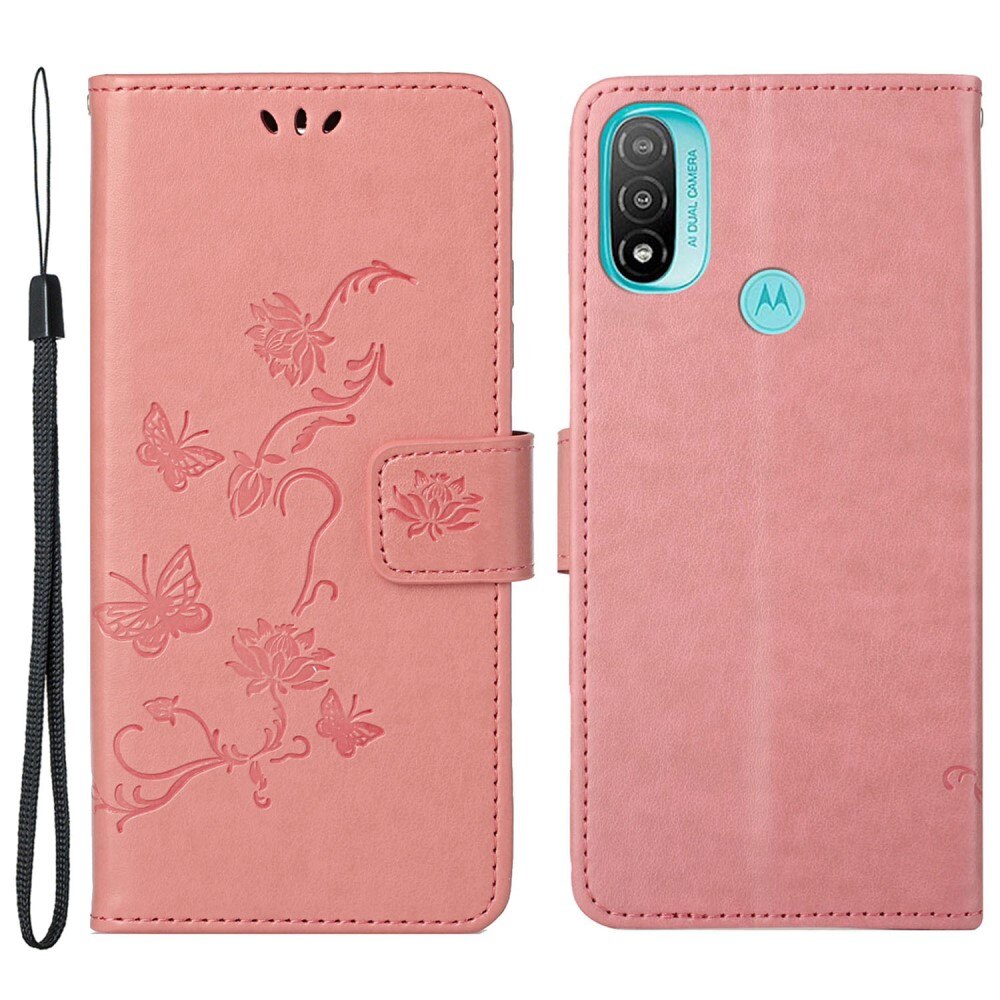 Motorola Moto E20/Moto E40 Leather Cover Imprinted Butterflies Pink