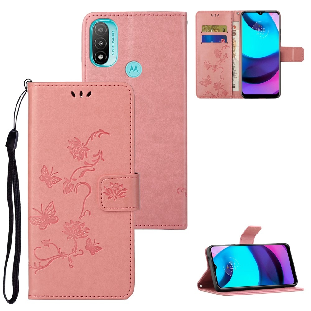 Motorola Moto E20/E30/E40 Leather Cover Imprinted Butterflies Pink