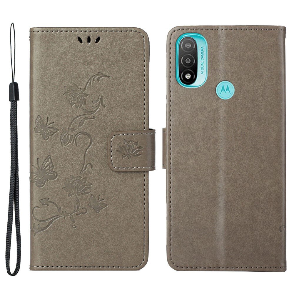 Motorola Moto E20/Moto E40 Leather Cover Imprinted Butterflies Grey