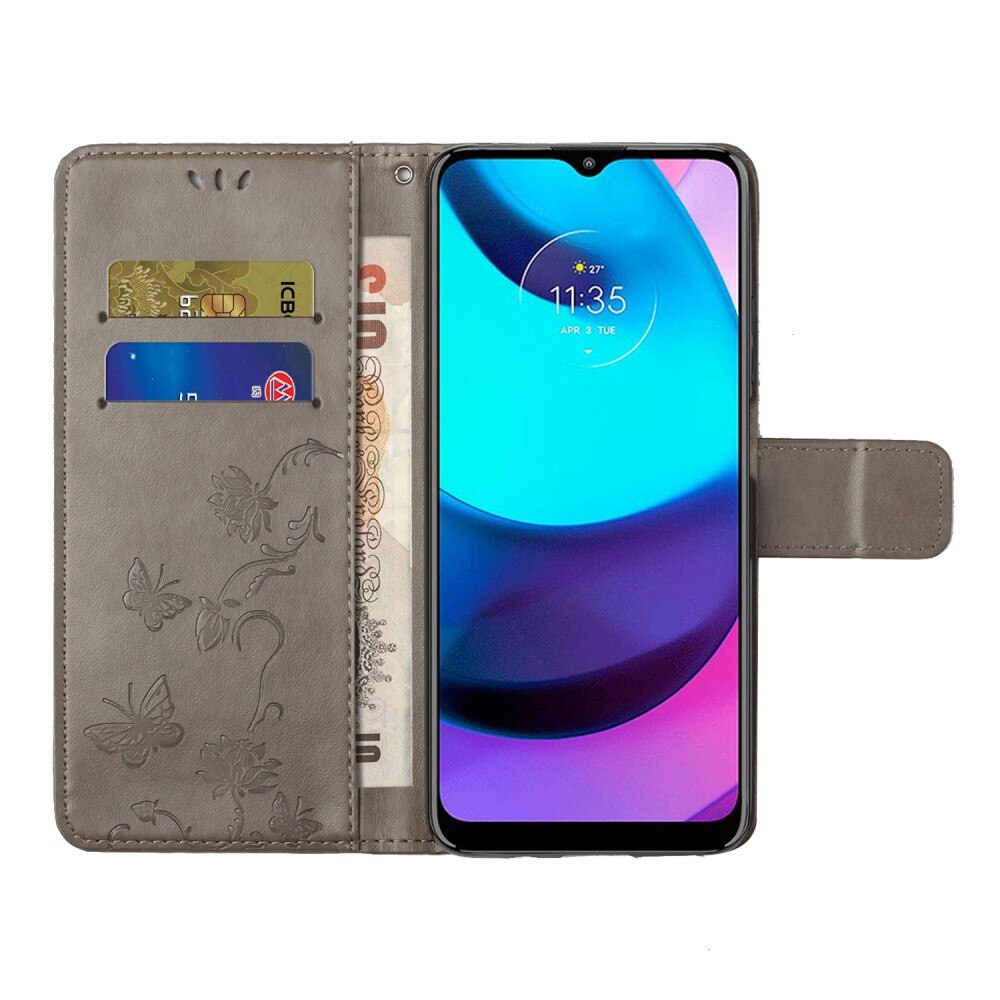 Motorola Moto E20/Moto E40 Leather Cover Imprinted Butterflies Grey