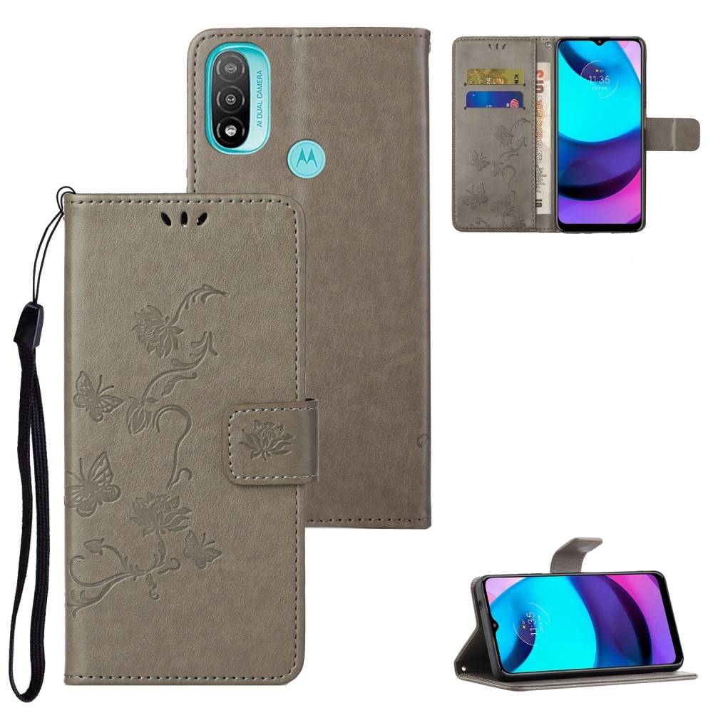 Motorola Moto E20/E30/E40 Leather Cover Imprinted Butterflies Grey