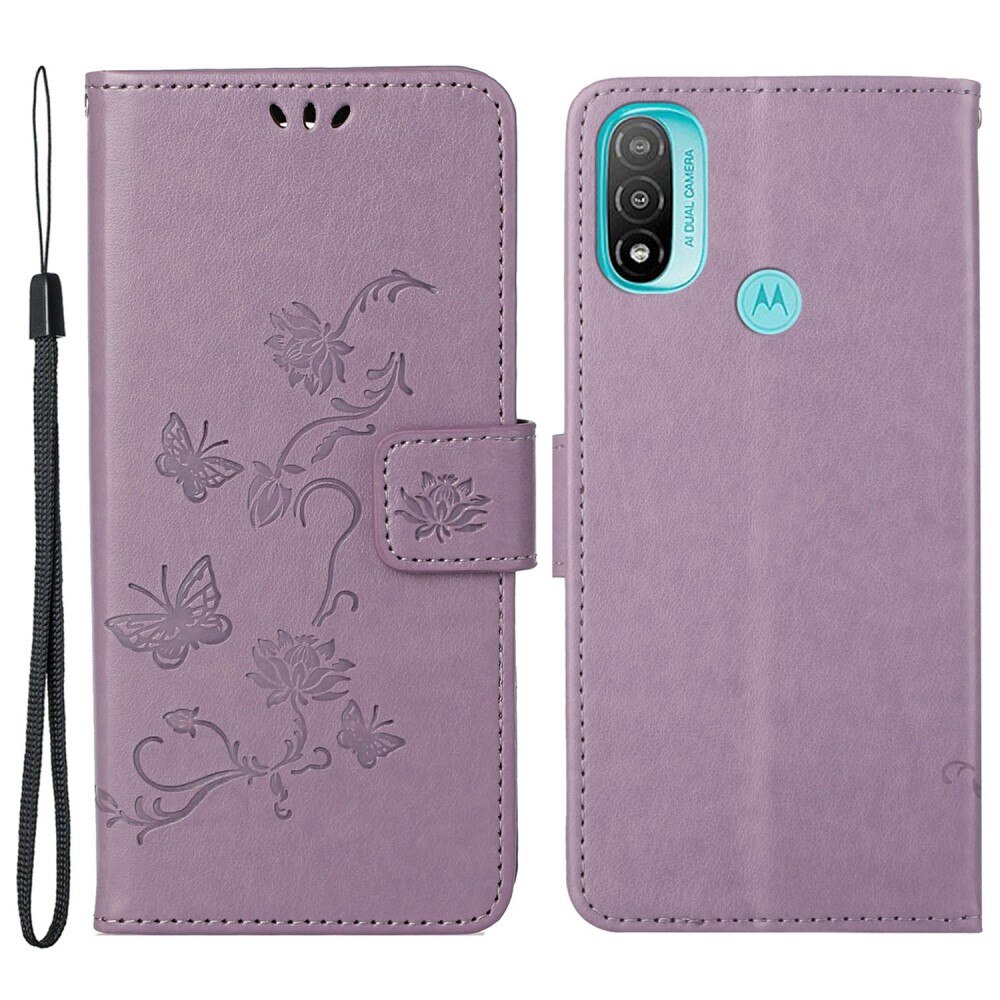 Motorola Moto E20/Moto E40 Leather Cover Imprinted Butterflies Purple