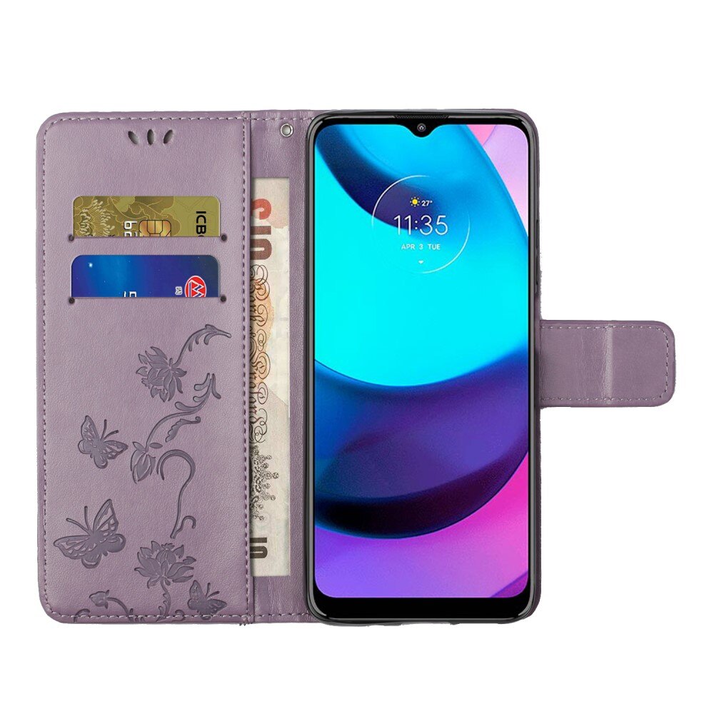 Motorola Moto E20/Moto E40 Leather Cover Imprinted Butterflies Purple