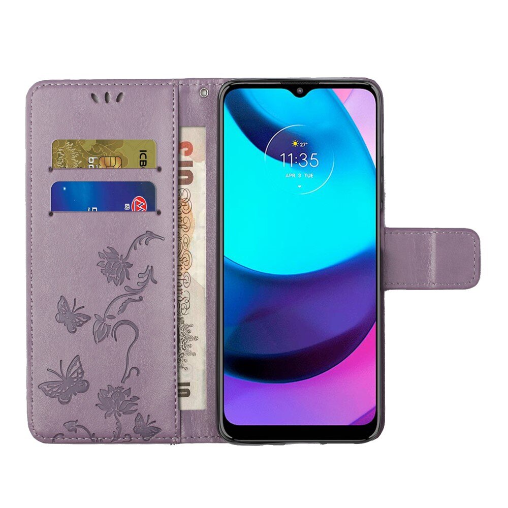 Motorola Moto E20/E30/E40 Leather Cover Imprinted Butterflies Purple