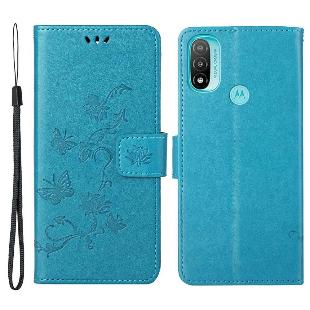 Motorola Moto E20/E30/E40 Leather Cover Imprinted Butterflies Blue