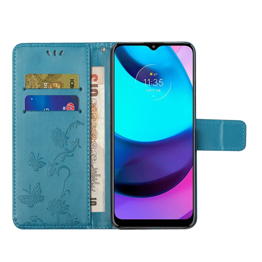 Motorola Moto E20/Moto E40 Leather Cover Imprinted Butterflies Blue