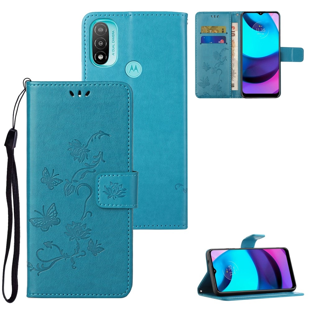 Motorola Moto E20/E30/E40 Leather Cover Imprinted Butterflies Blue