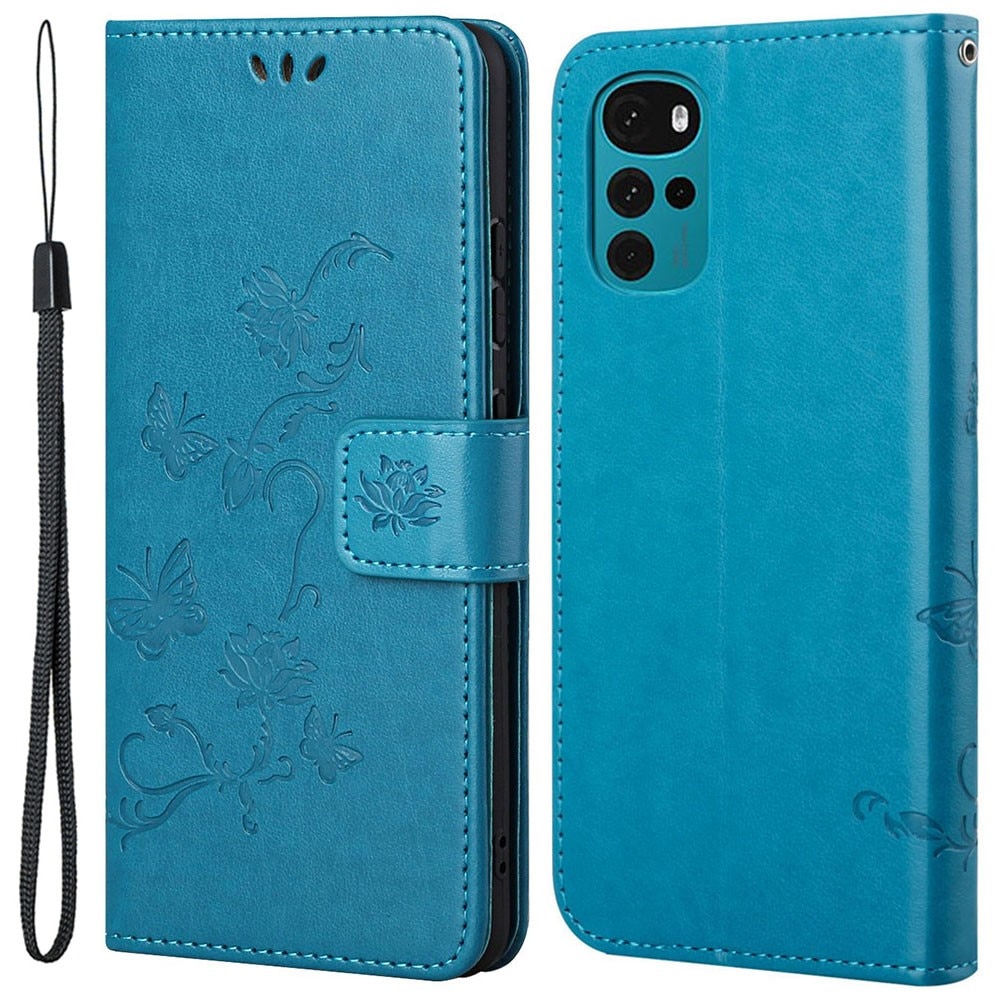 Motorola Moto G22 Leather Cover Imprinted Butterflies Blue