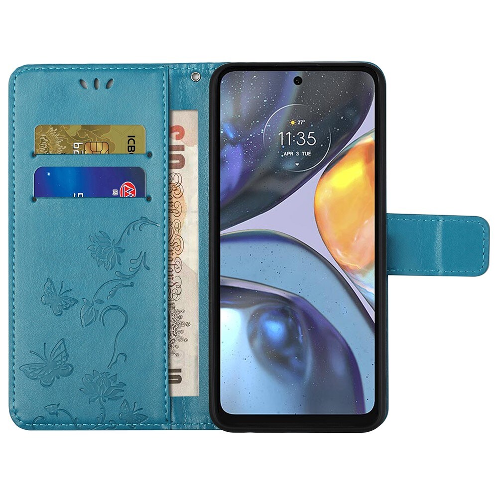 Motorola Moto G22 Leather Cover Imprinted Butterflies Blue