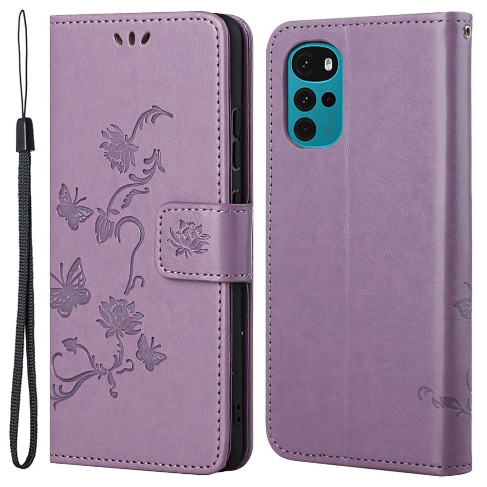 Motorola Moto G22 Leather Cover Imprinted Butterflies Purple