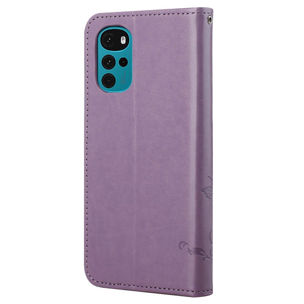 Motorola Moto G22 Leather Cover Imprinted Butterflies Purple