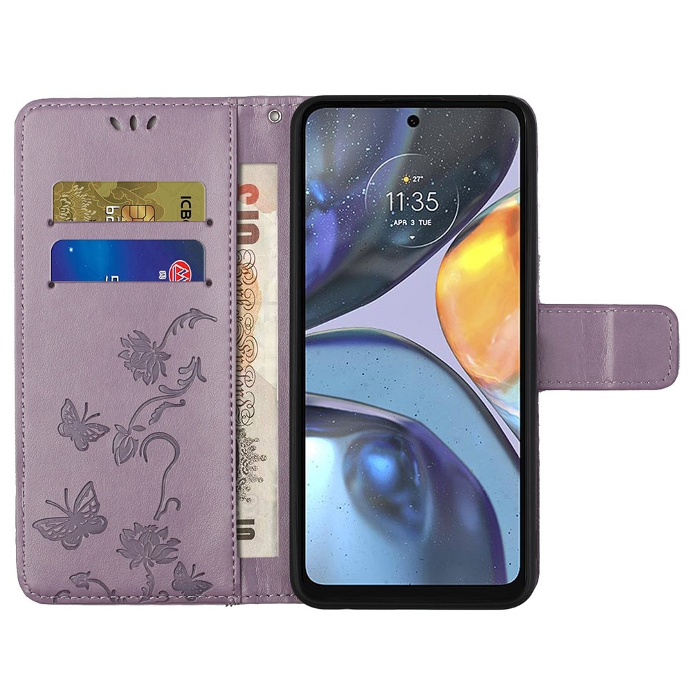 Motorola Moto G22 Leather Cover Imprinted Butterflies Purple