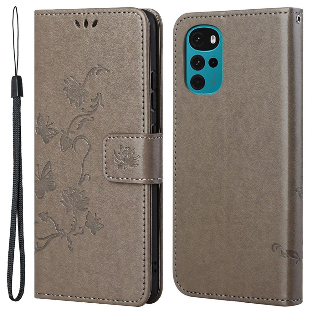 Motorola Moto G22 Leather Cover Imprinted Butterflies Grey