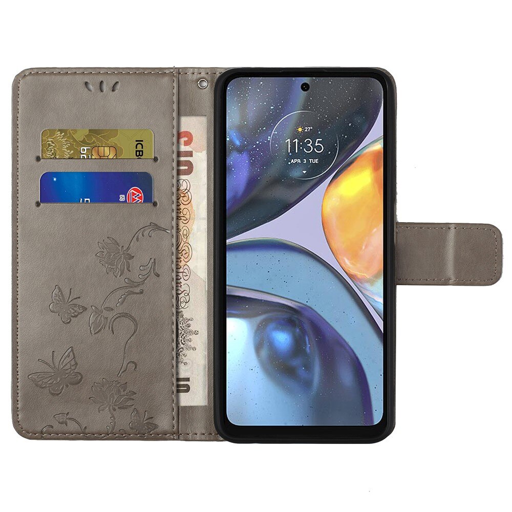 Motorola Moto G22 Leather Cover Imprinted Butterflies Grey