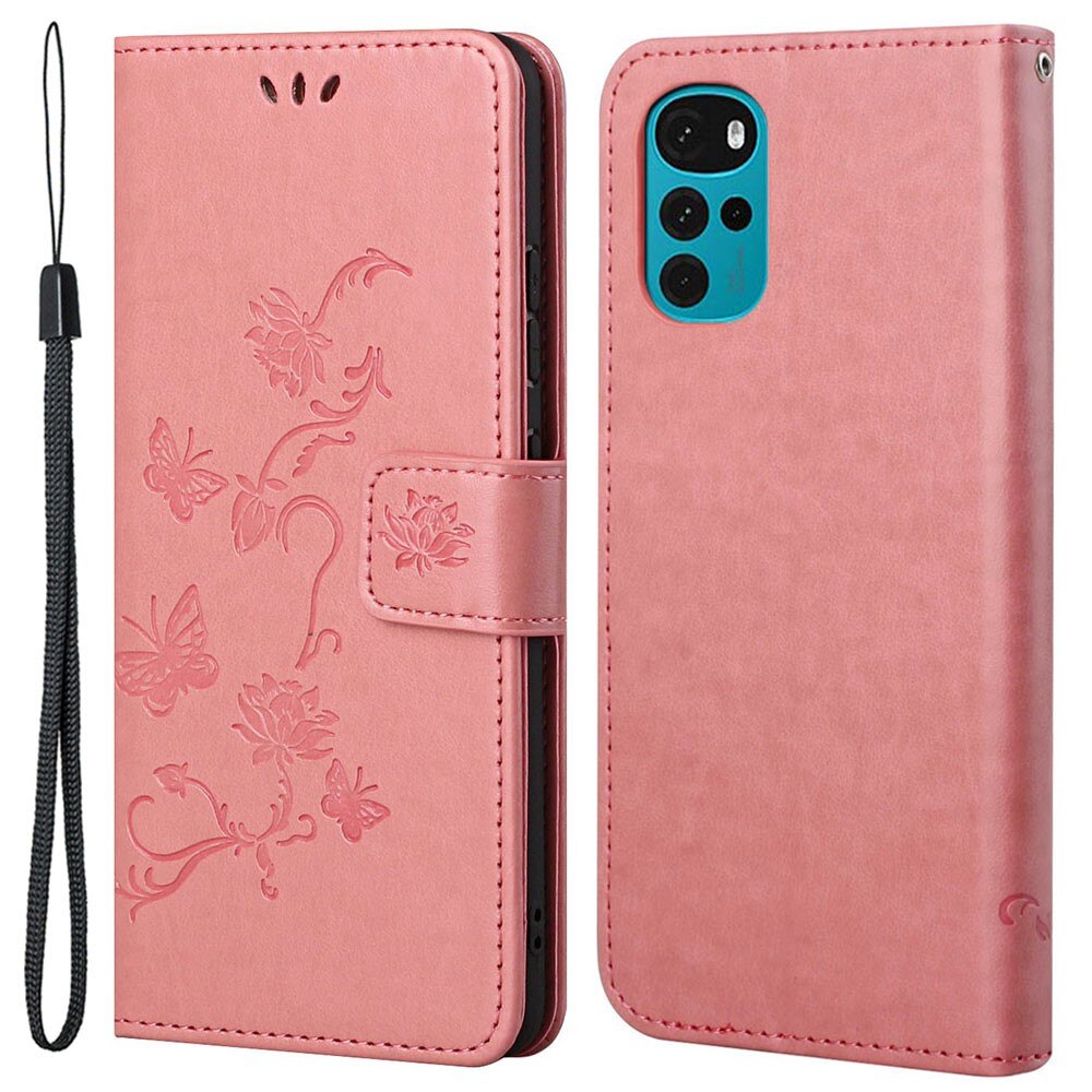 Motorola Moto G22 Leather Cover Imprinted Butterflies Pink