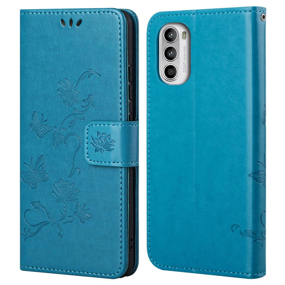 Motorola E32 Leather Cover Imprinted Butterflies Blue